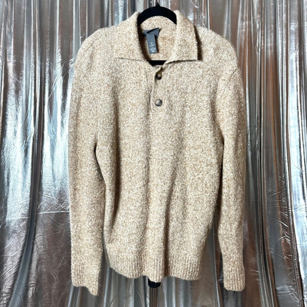 H&M Tan Boucle Knit Polo Collar Henley Sweater